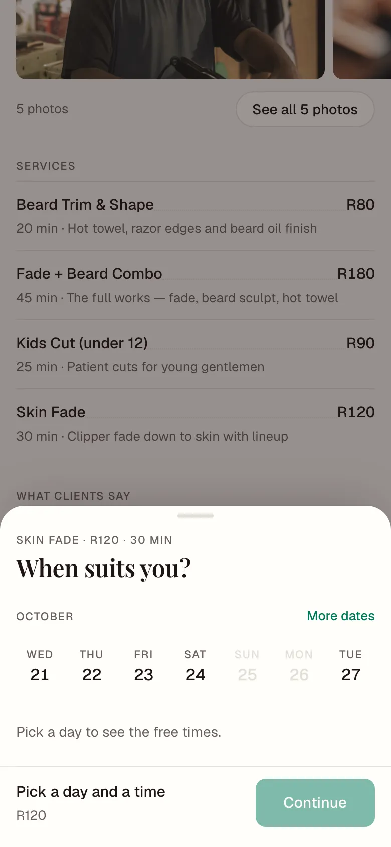 The booking sheet for a Skin Fade, asking When suits you? above a row of days