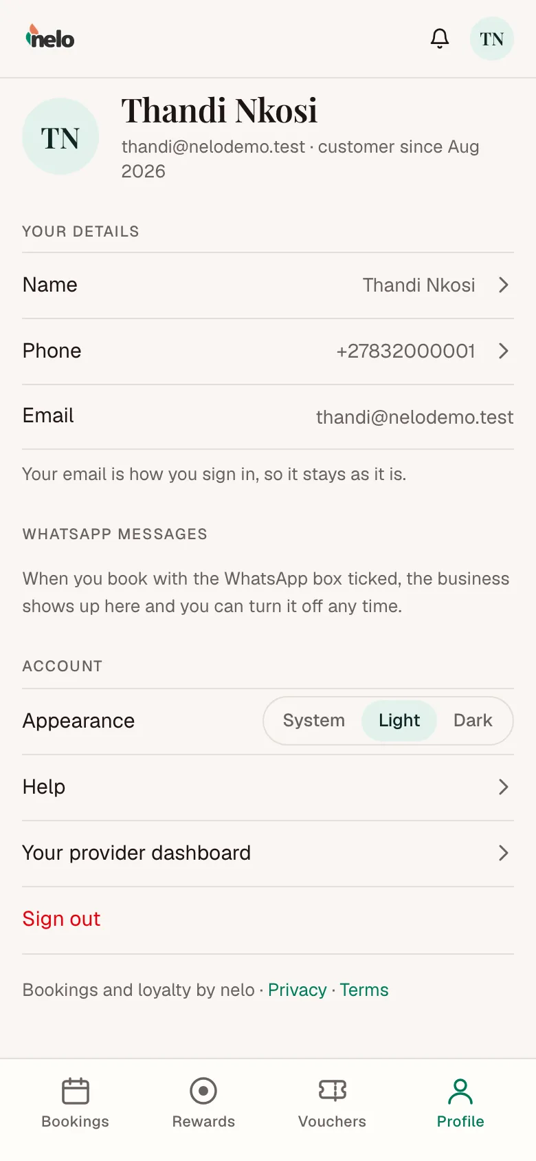 The Profile page, with Your details, WhatsApp messages and Account