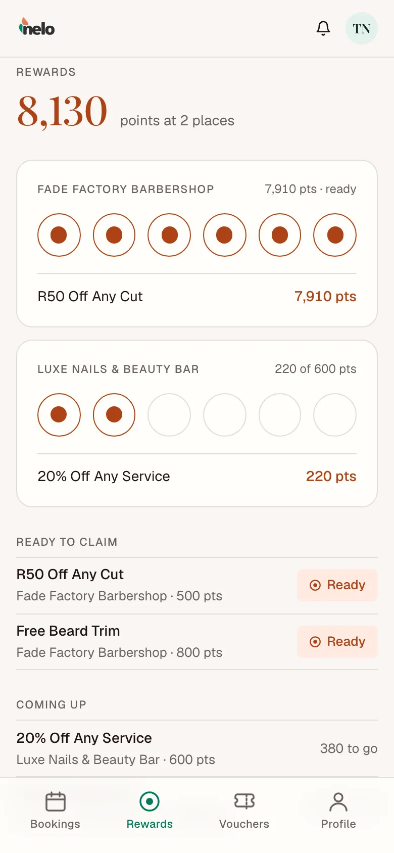 The Rewards page, showing points and a stamp card for each business