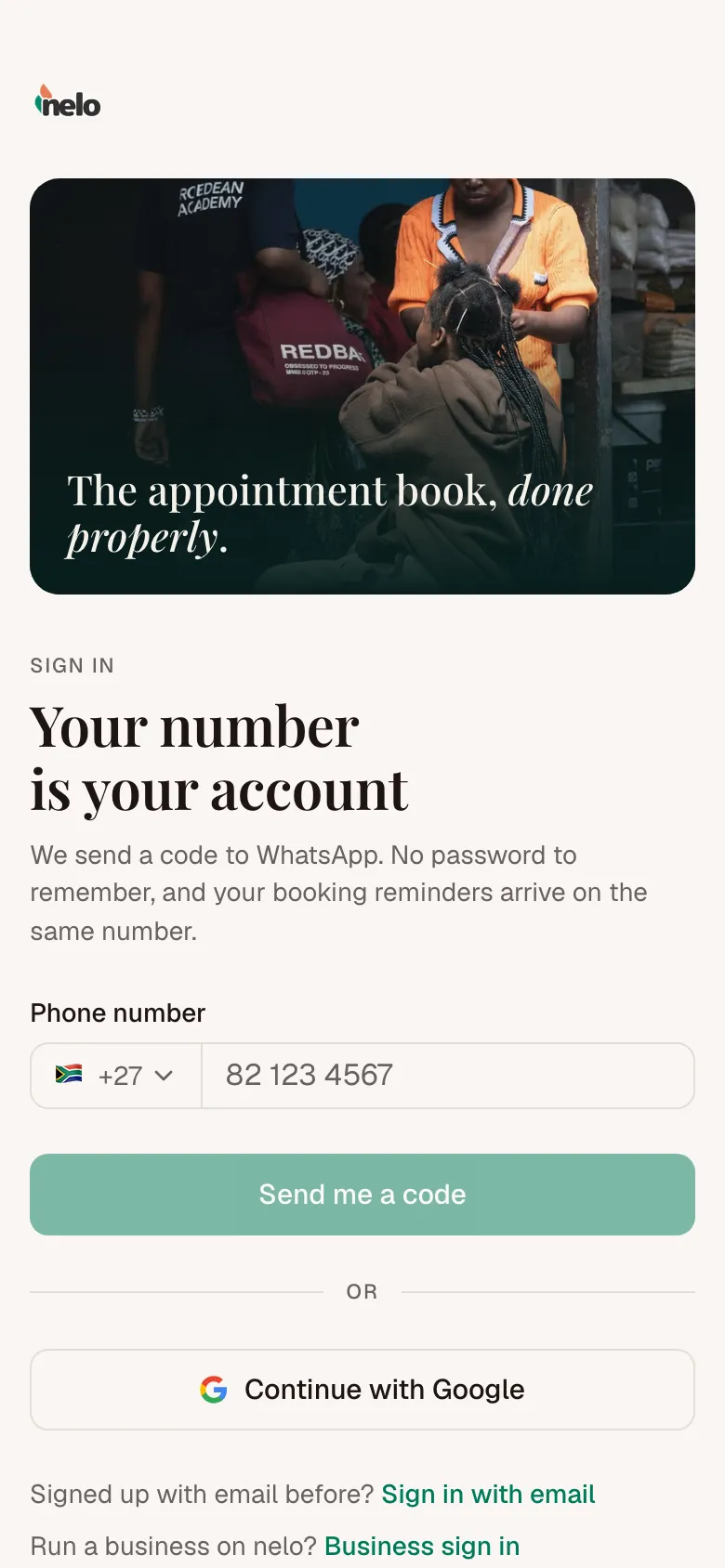 The sign-in page, with a phone number field and a Send me a code button