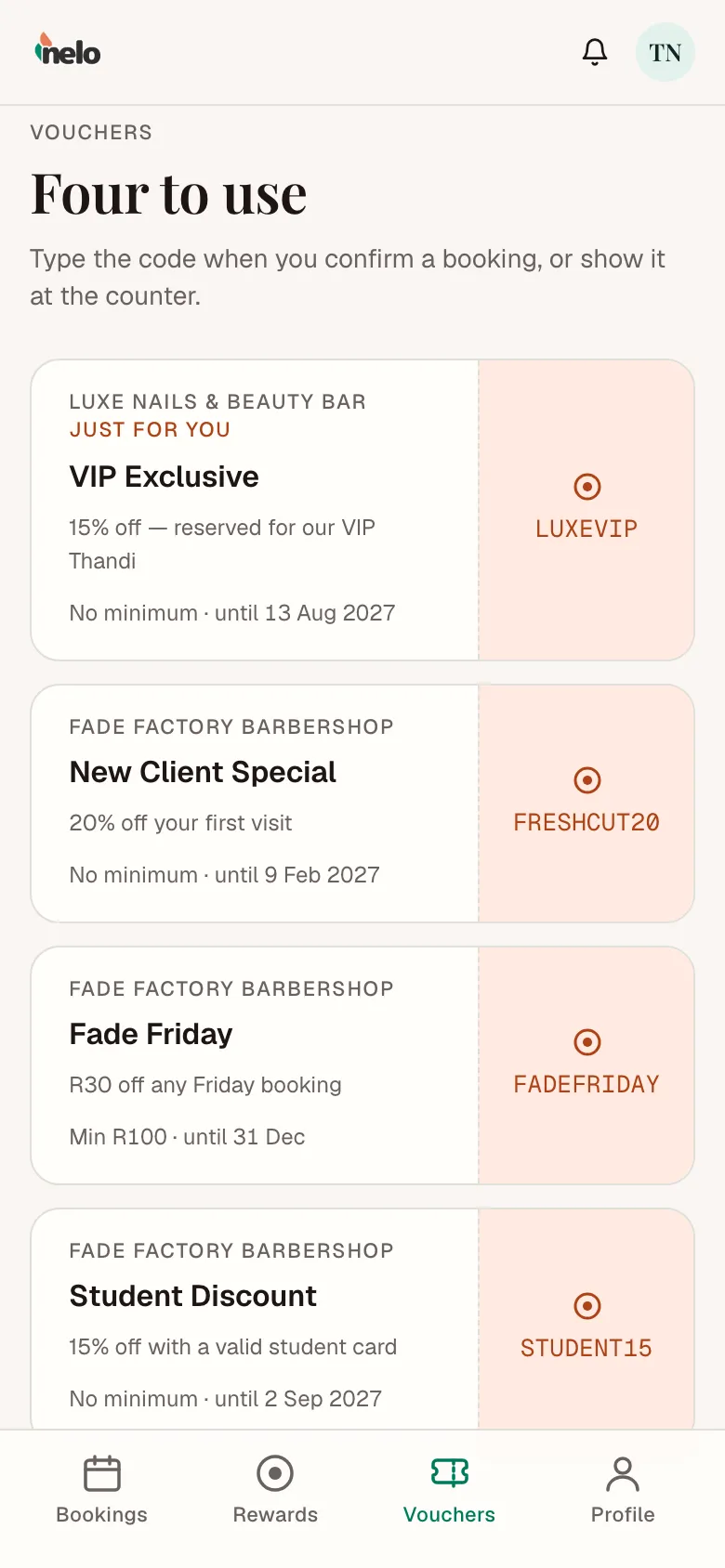 The Vouchers page, with a voucher ticket and its code