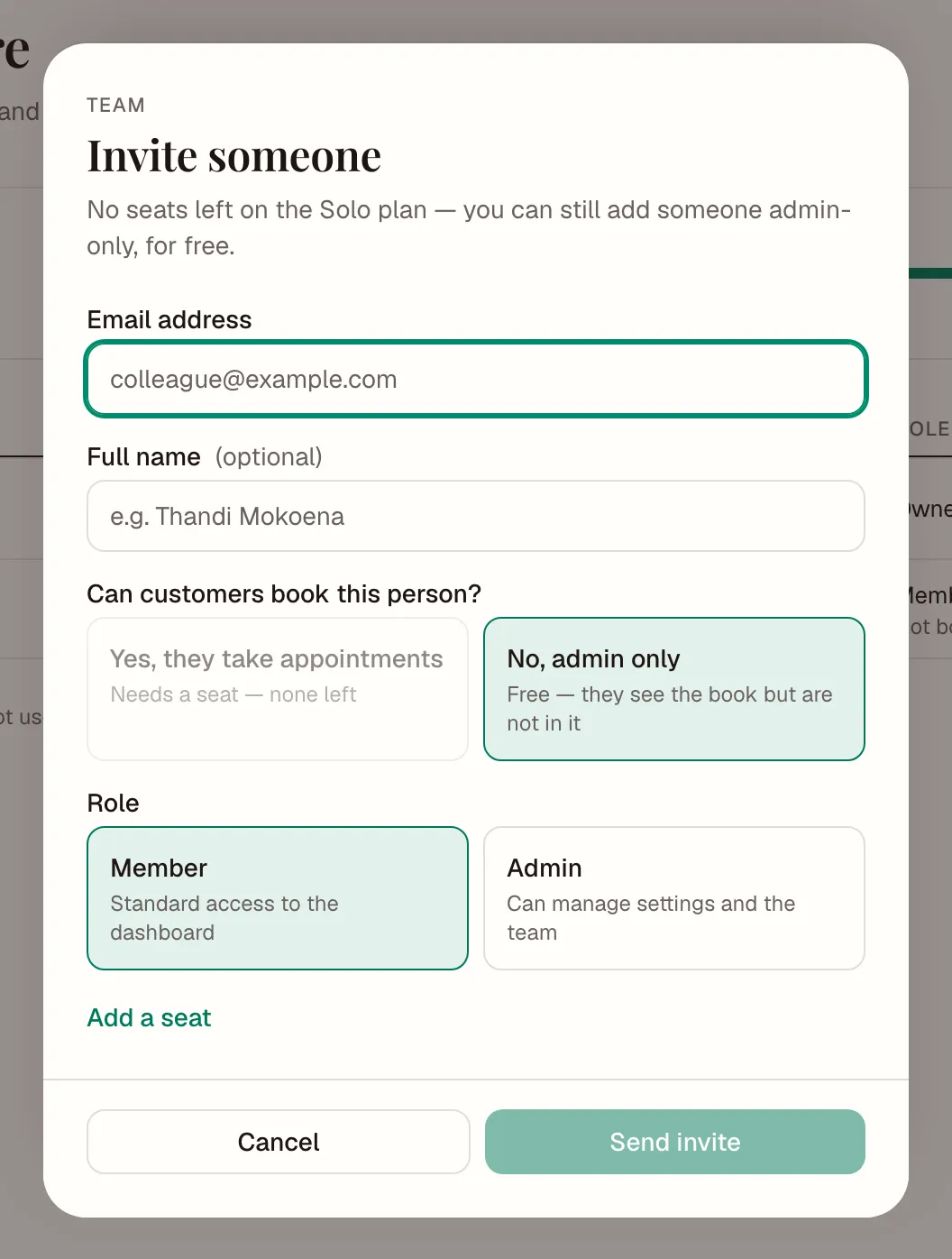 The Invite someone form, with email, name, whether customers can book them, and their role
