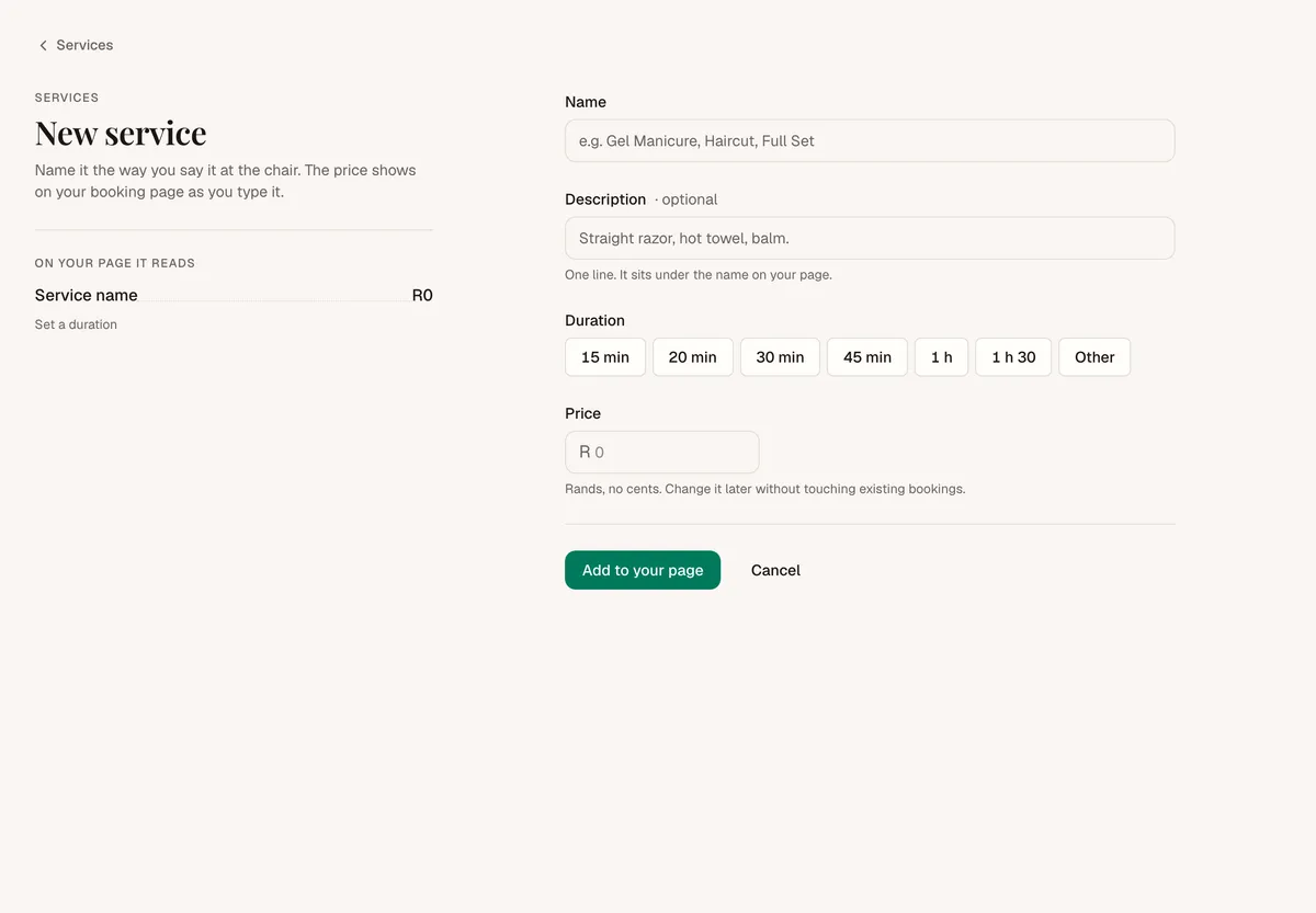 The New service form, with name, description, duration and price, and a preview of how it reads on your page