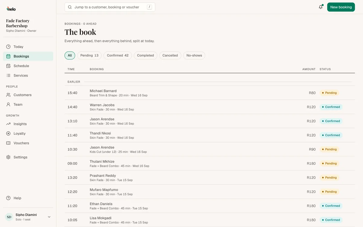 The book, listing bookings with their time, customer, service, amount and status