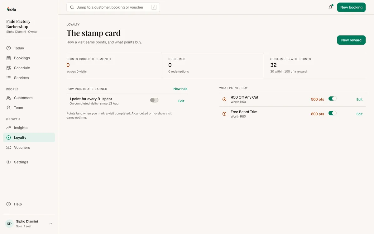 The Loyalty page, with points issued, how points are earned and what points buy
