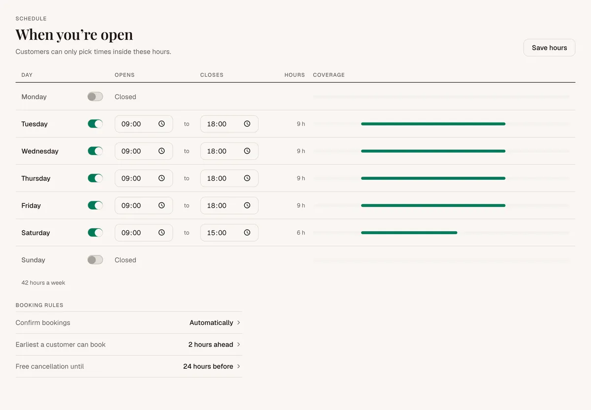 The Schedule page, with an on and off switch and opening and closing times for each day