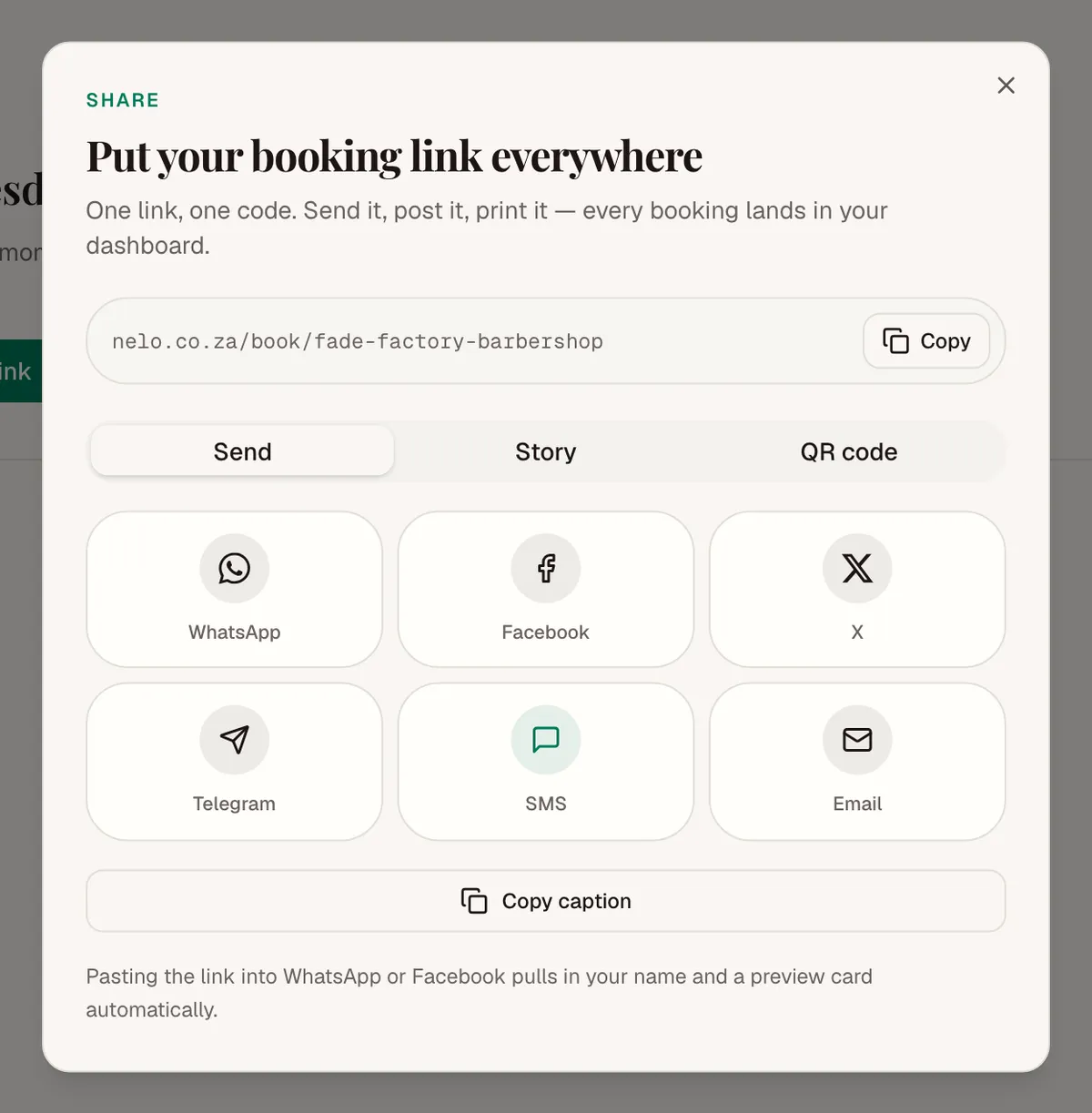 The share dialog, with the booking link, a Copy button and Send, Story and QR code tabs